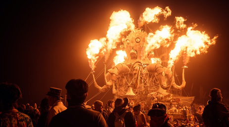 Photograph of a burning art piece at the Burning Man festival