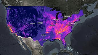 A map of North America with a heat map overlaid over the United States in shades of orange, pink, and purple
