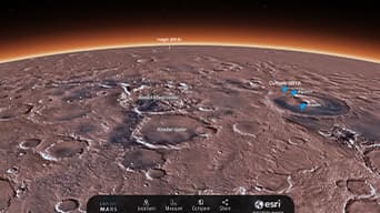 A screenshot from the Explore Mars 3D application showing an aerial view of a section of Mars