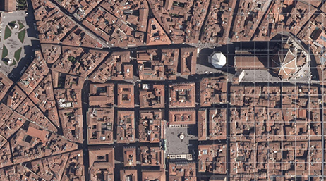 An aerial top-down view of Florence, Italy