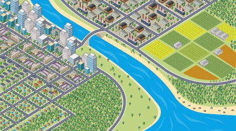 A pixel graphic depicting a gridded city with tall buildings, houses, and fields separated by a river in the middle