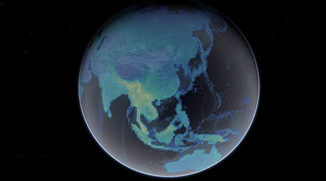 A view of Earth from outer space with land masses in blue and oceans in black