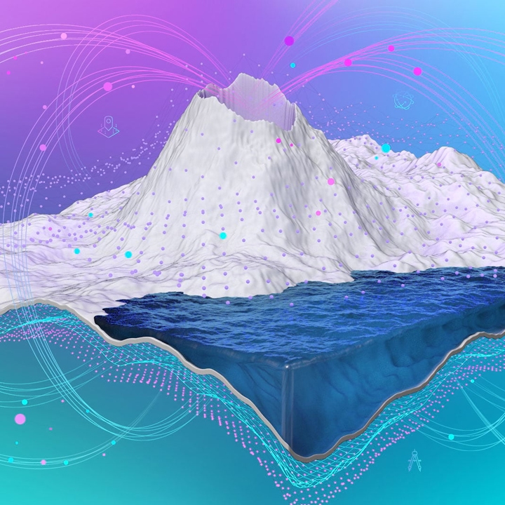 A teal, blue, and purple graphic with a white and blue 3D image of a volcanic-like structure with dots and spherical lines coming out of and surrounding it