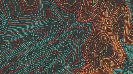 A closeup of a dark brown topographic map overlayed with yellow, red, and green contour lines