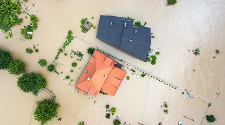An aerial view of a flooded neighborhood