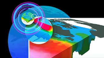 Una visualización 3D multicolor superpuesta sobre un fondo negro y círculo azul con dos superposiciones circulares de visualizaciones similares en la parte superior