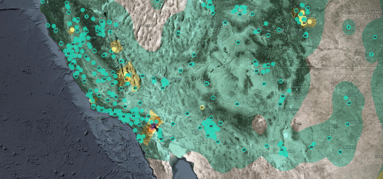 A green and brown map showcasing a section of the West Coast with green and yellow dots scattered across it 