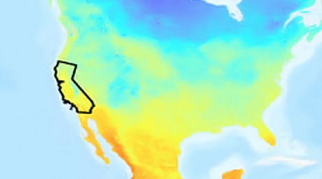 Un mapa de gradiente en colores brillantes de Norteamérica con California resaltada en negro