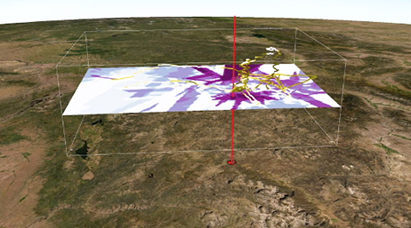 Una vista descendente de una sección de la Tierra superpuesta con un modelo rectangular 3D que visualiza superficies interpoladas a varias altitudes