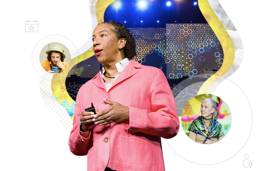 : Photo of Dawn Wright addressing an unseen audience, a small photo of Jane Goodall seated onstage listening to another speaker, a small photo of a person looking at a blue mobile phone, against an abstract background of blue and orange grid of hexagons