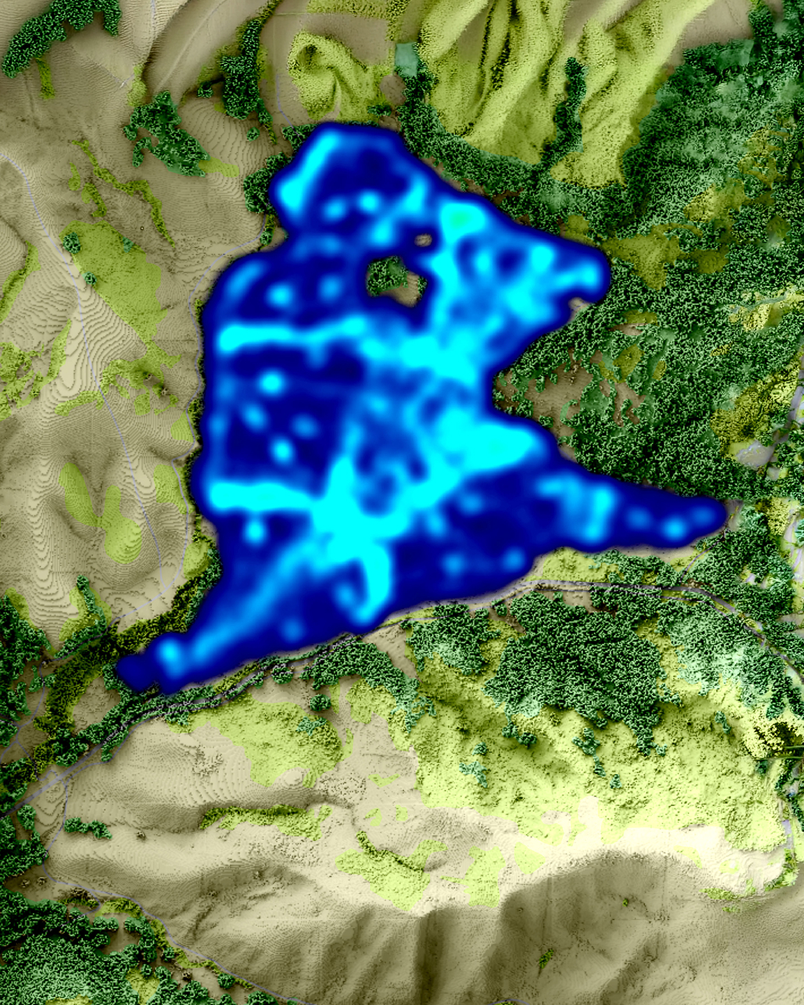 A digitally rendered topographic map features a prominent, irregularly shaped blue heat zone at its center. 