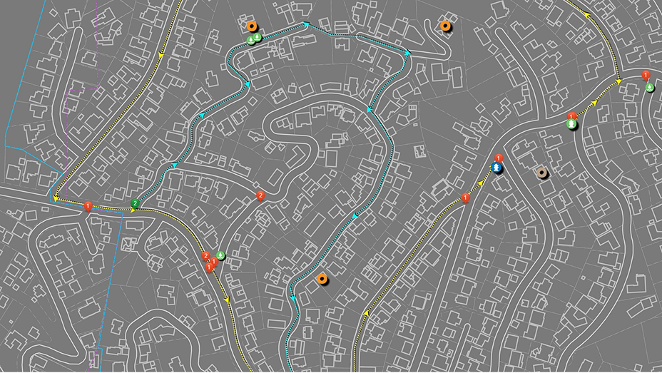 Street map of Pasadena with water utility features noted with orange icons