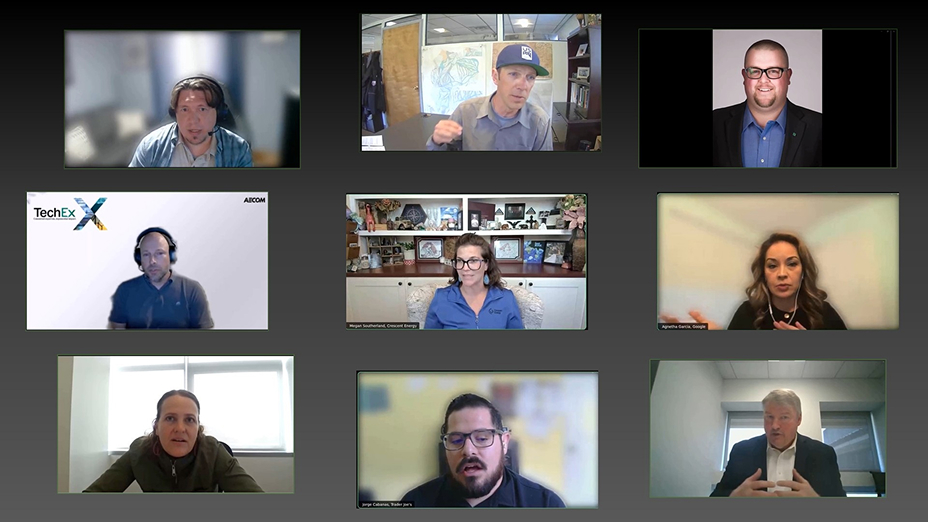 Screencap from a video call with nine participants, each with a live window onscreen
