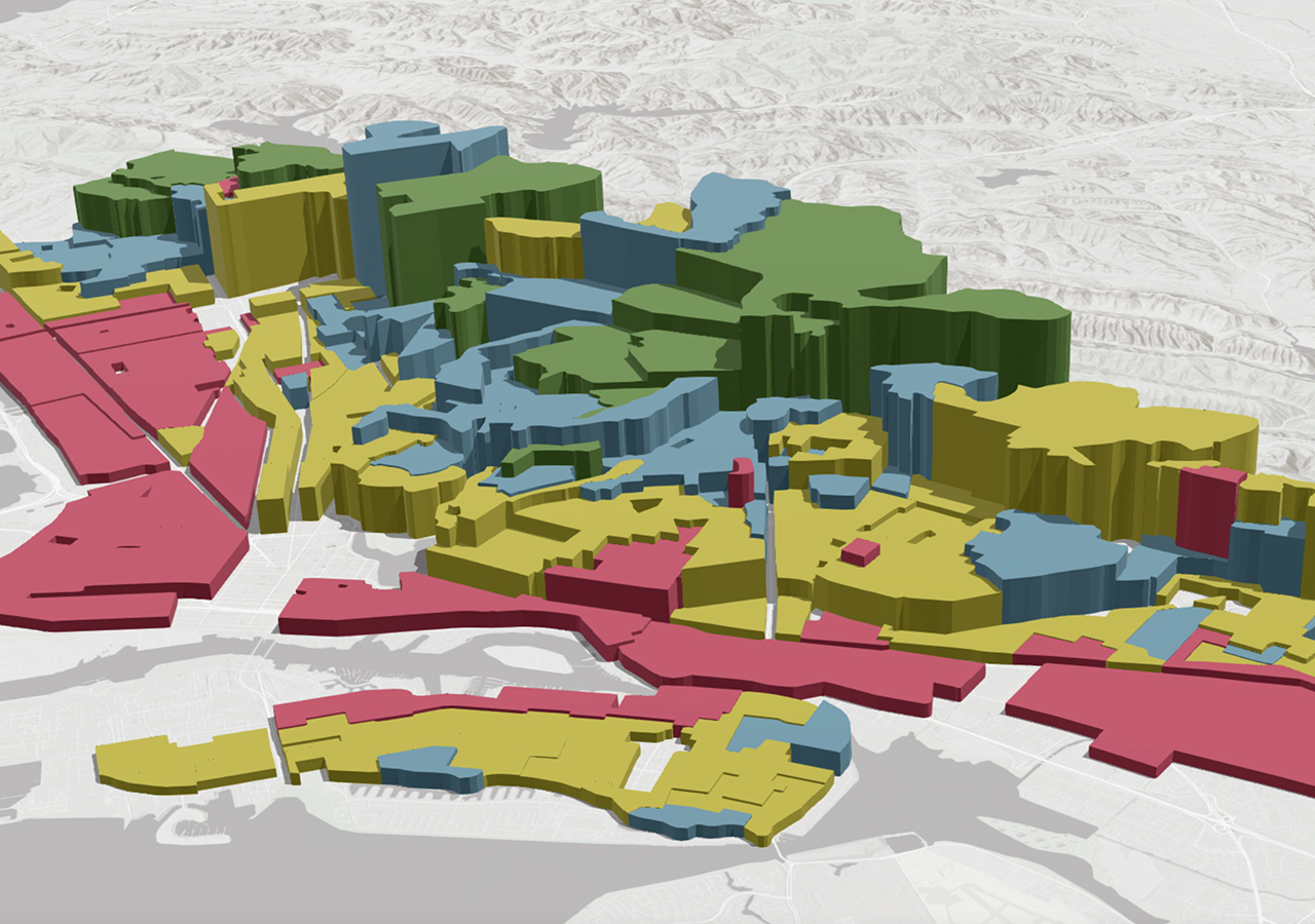 A colorful vertical concentration map overlaid on a grayscale contour map to demonstrate the analysis of two geography data sets together