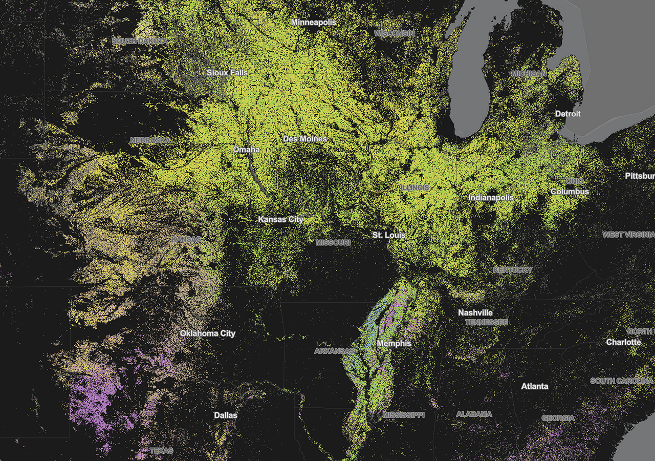 Un mapa de curvas del medio oeste de Estados Unidos en verde lima y morado sobre fondo negro