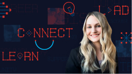 Portrait of Kendal Price smiling in a dark suit against an abstract navy blue background featuring the words “Learn, Connect, Lead”
