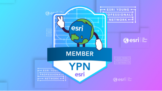 An Esri YPN member badge on a blue and pink color-washed background