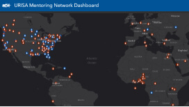The URISA Mentoring Network Dashboard with black and grey basemap and colorful dots indicating the locations of people involved 