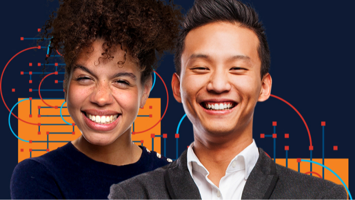 A portrait image of two smiling young professionals with an abstract dark blue and orange background
