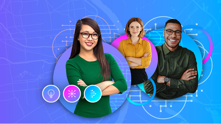 A collage of three young people in business professional attire overlaid on a blue background with graphic elements 