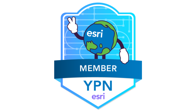 An illustrated badge featuring Esri mascot Globey holding up a peace sign overlaid with the text “Esri YPN member”