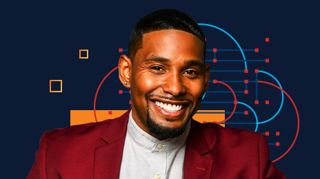 Portrait of Marcus Seepersad in a red blazer against an abstract graphic background of orange and blue geometric shapes