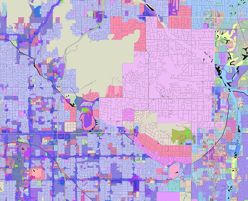 A map with different areas shaded in pastel colors