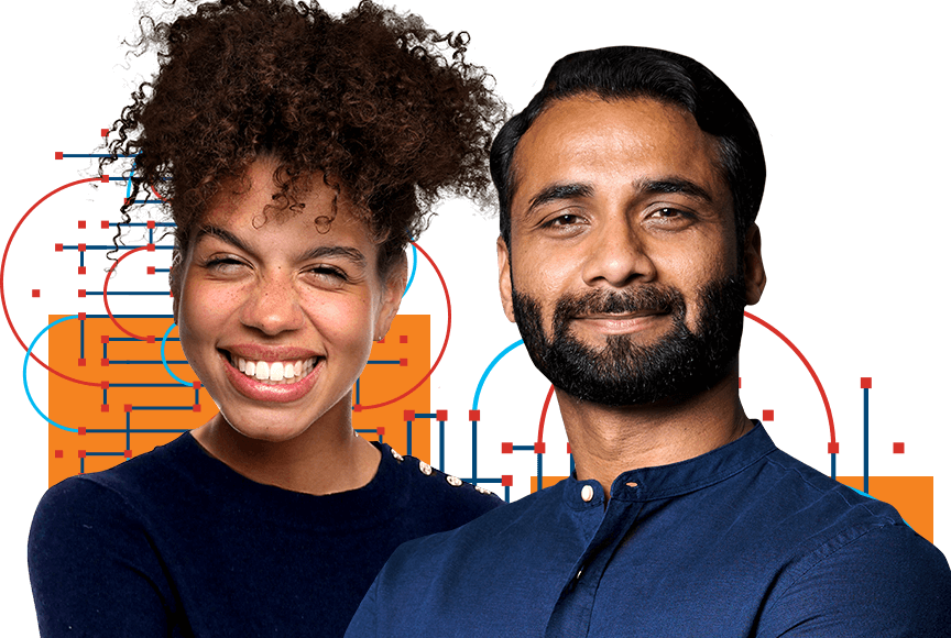Two smiling young professionals in blue with an abstract graphic background of orange and blue geometric shapes