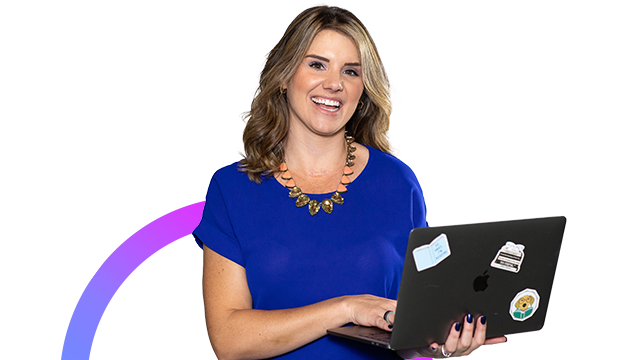 Laughing professional wearing a royal blue blouse and bold jeweled necklace holding an open laptop against a lavender neighborhood map