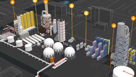 A 3D isometric illustration shows a large industrial plant complex with multiple processing units and storage tanks. 
