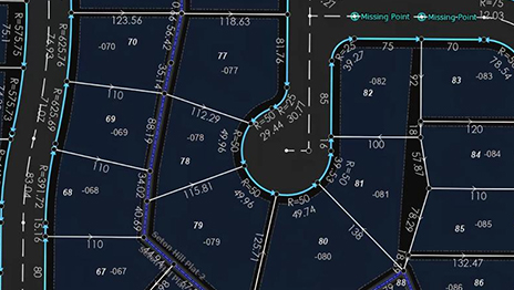 A digital cadastral map displays multiple land parcels arranged around a cul-de-sac