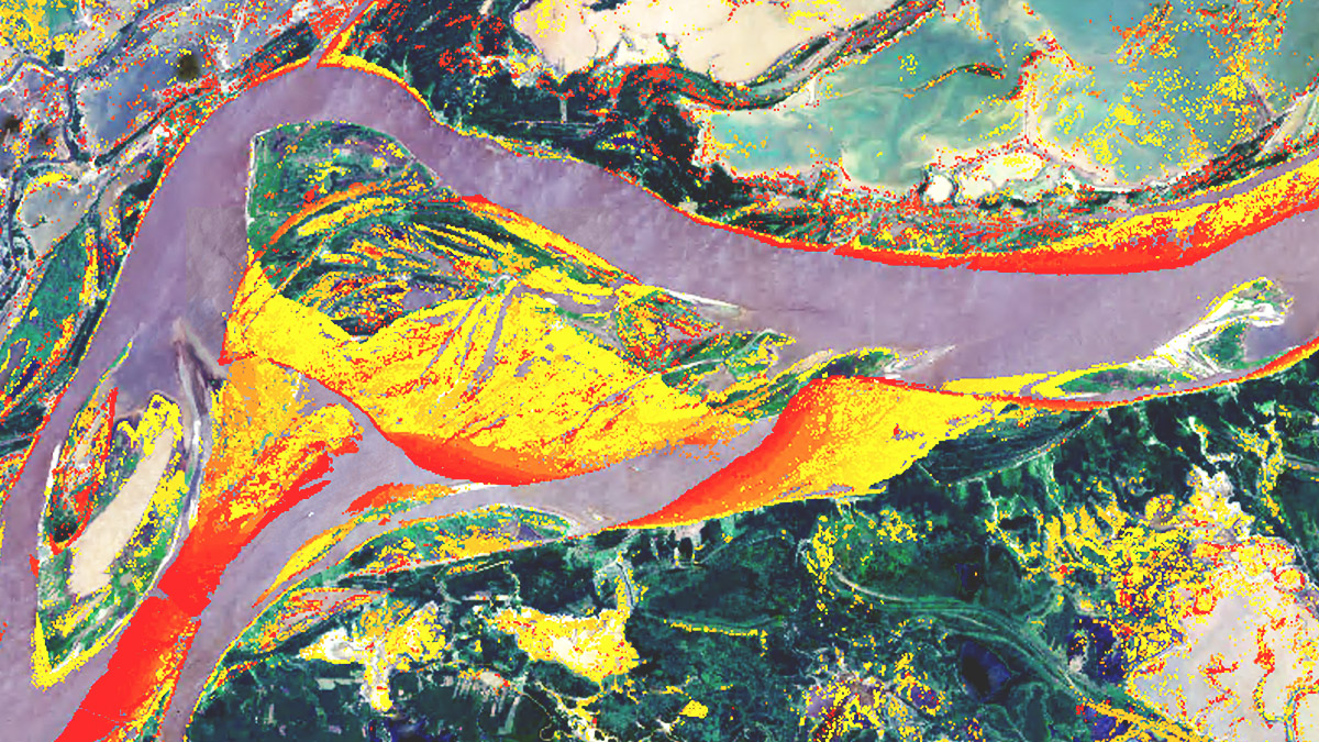 Remote sensing data is visualized as layers and clusters of green, yellow, red, orange, and purple
