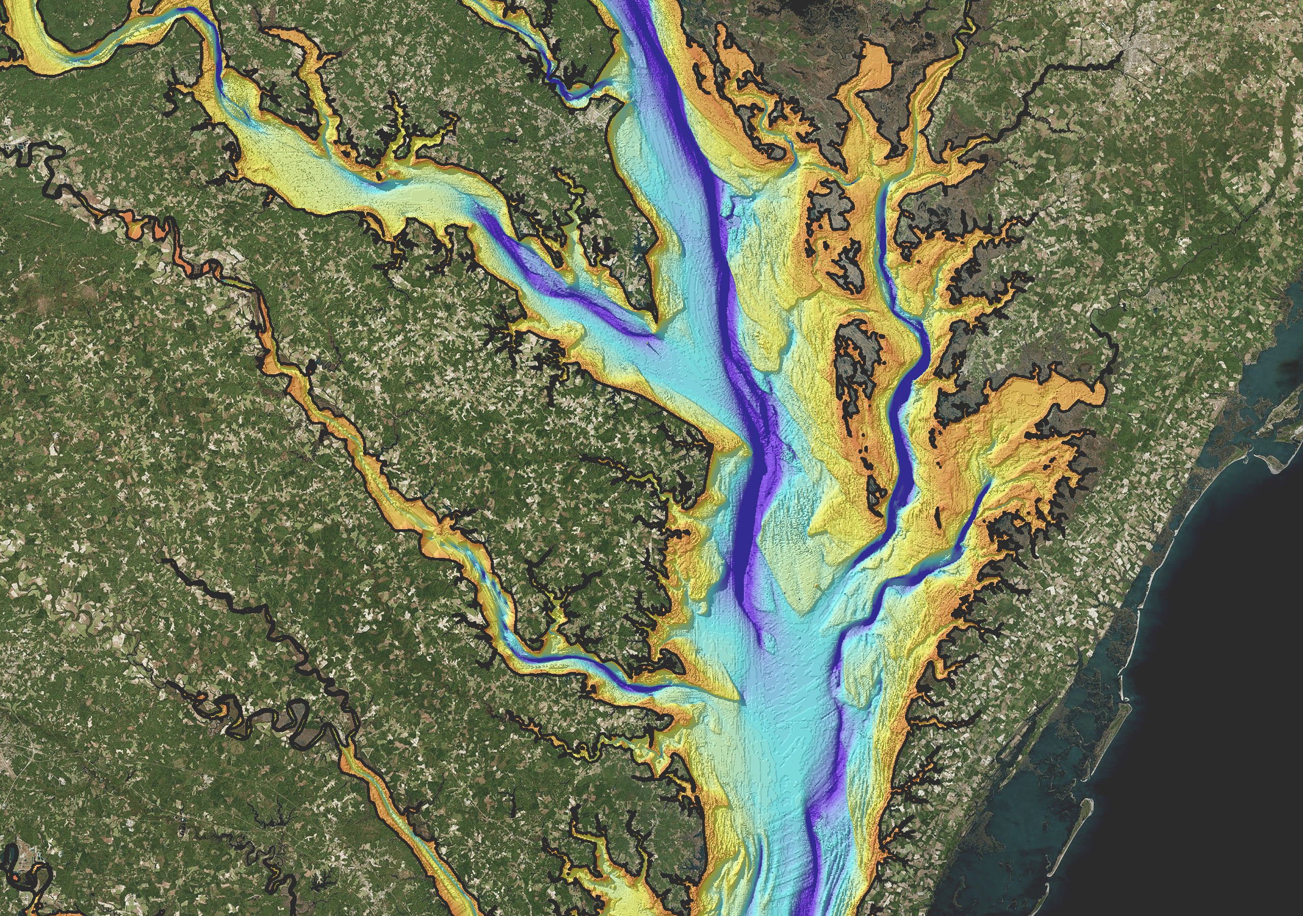 A remote sensing image of a river shows a gradient of dark blue, light blue, yellow, and orange indicating water flow