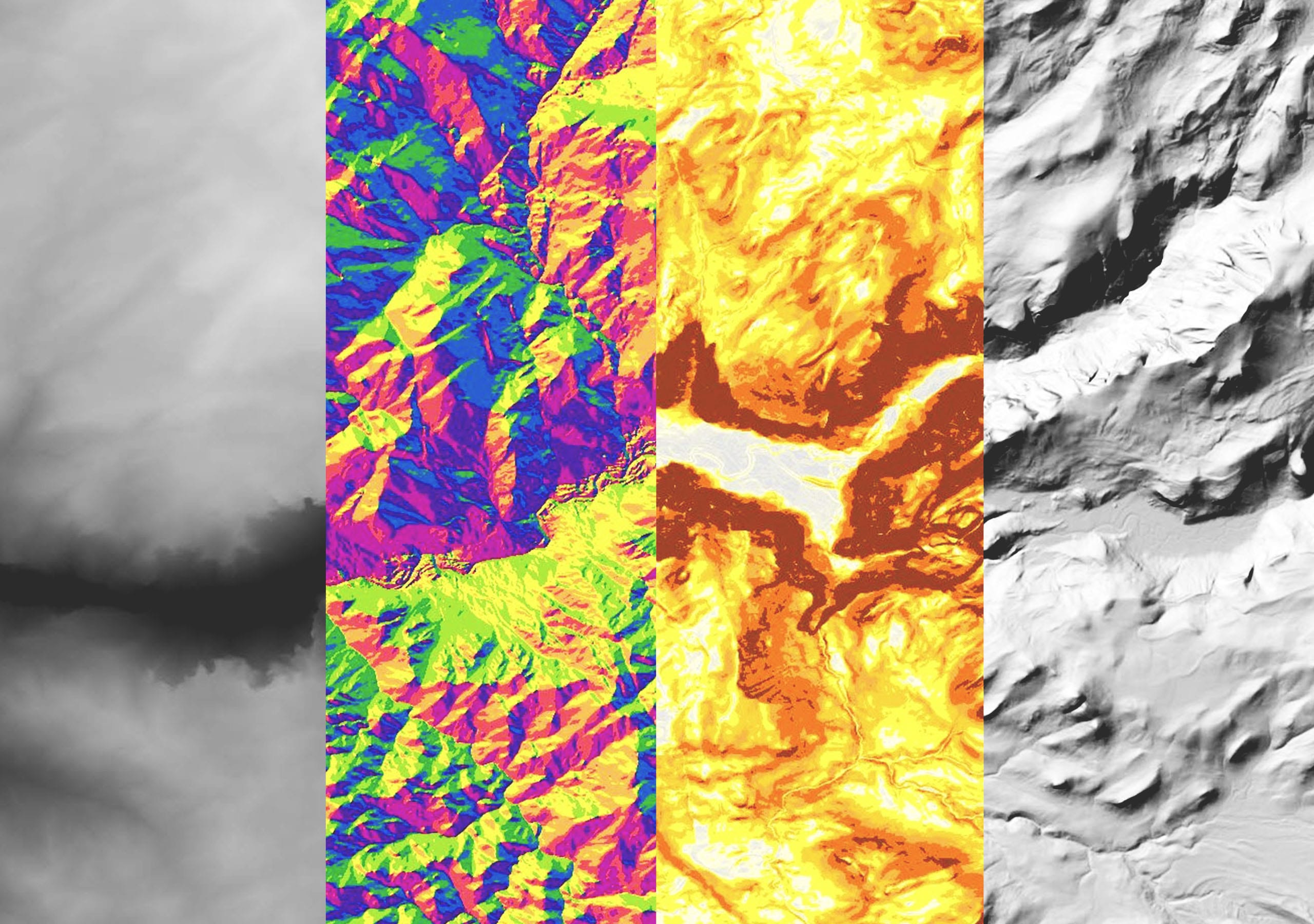 Four panels show the same remote sensing image with different colorways showing multiple interpretations of the sensor data