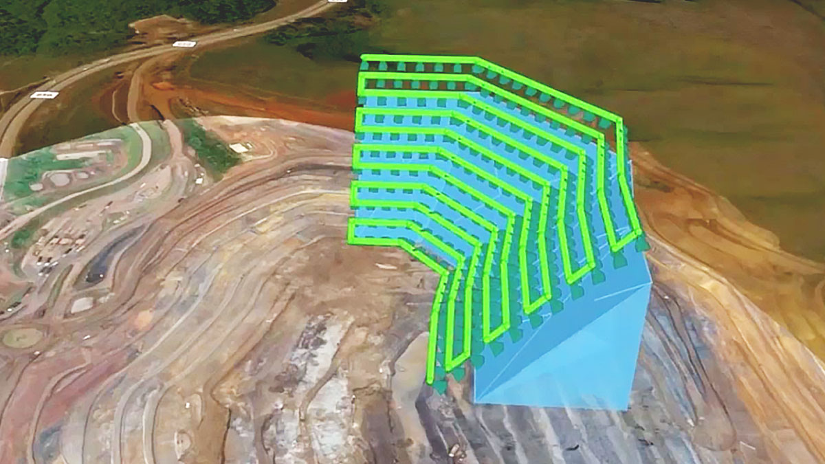 A map of a mining site shows a 3D drone flight path that captures images from different elevations