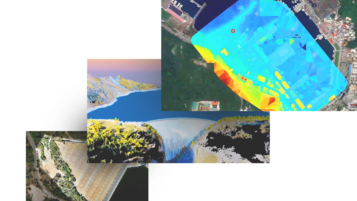 Three panels show drone images of waterfront landscapes, each with a different coloring style and data layers
