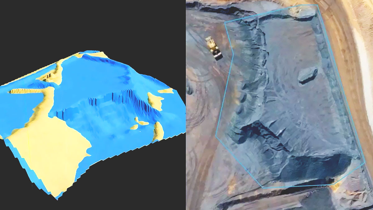 A digital 3D model of a mining site next to the same model overlaid with high-resolution drone imagery