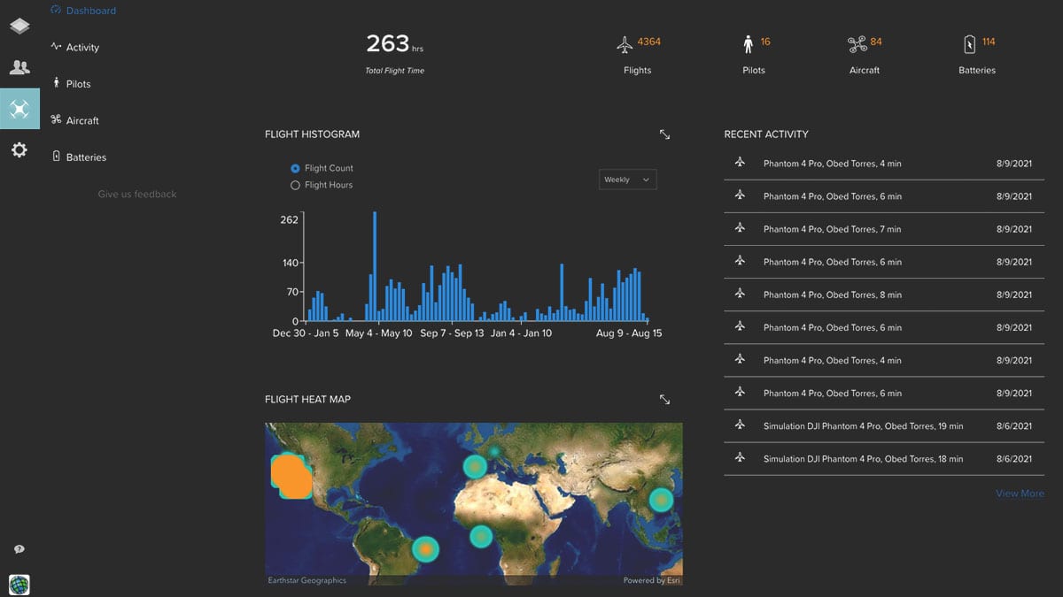 Three dashboards show information about a drone fleet including recent flight activity, flight locations, and hardware types