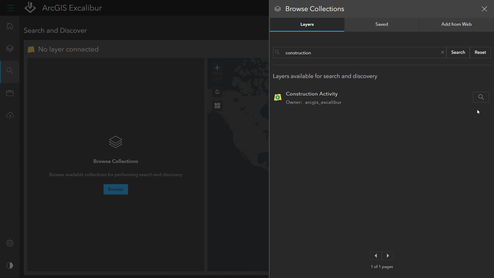 Interfejs aplikacji ArcGIS Excalibur z mapą cyfrową i tekstem reprezentującym wyszukiwane zobrazowanie