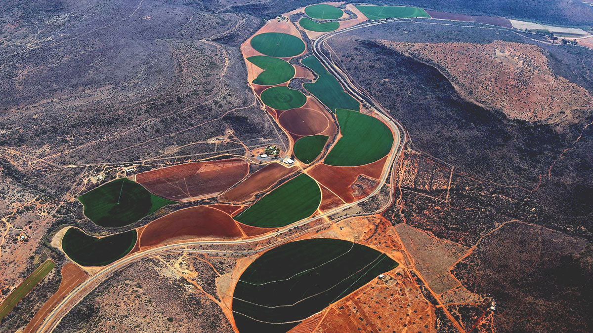 Imagens de satélite off-nadr mostram uma faixa de campos circulares e semicirculares serpenteando por uma região seca entre os planaltos