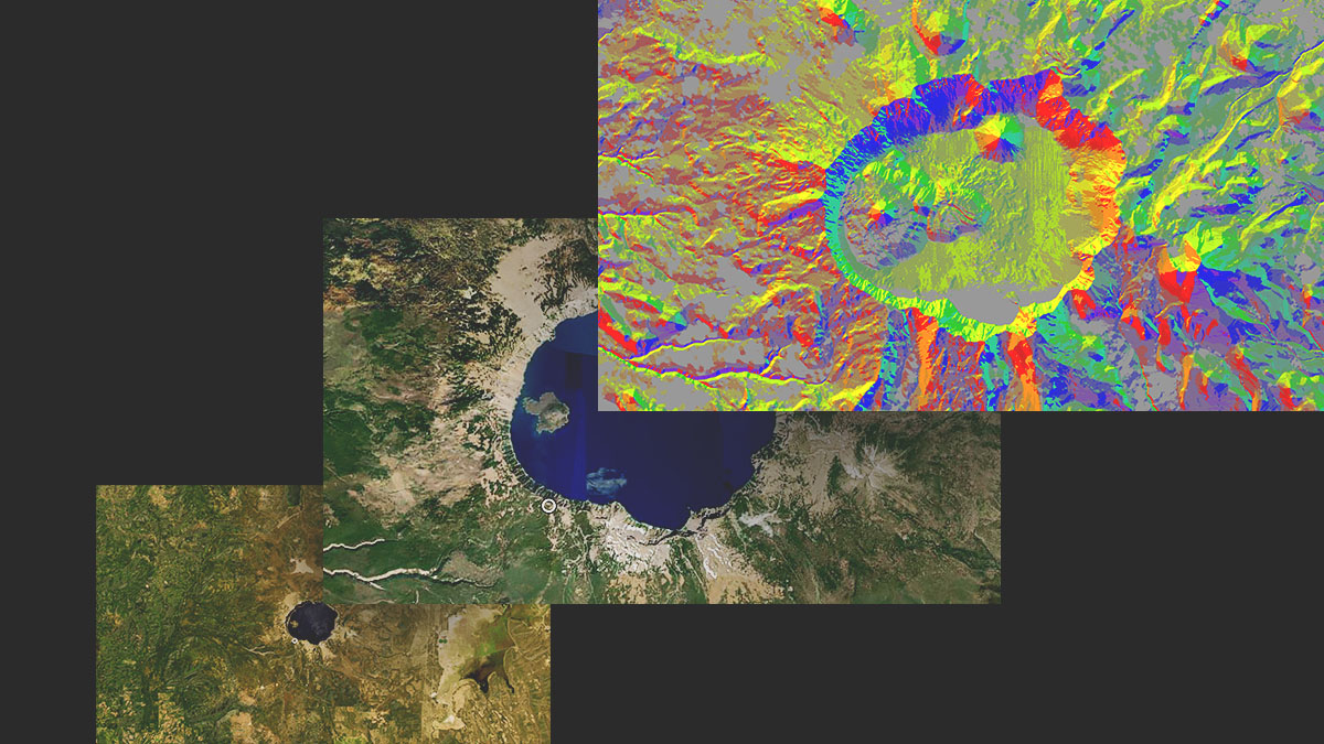 Três painéis mostram um lago à distância, o mesmo lago de perto e o lago com dados de sensoriamento remoto em vermelho, amarelo e azul