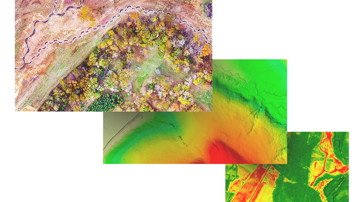 강을 따라 있는 토지 플롯과 파란색, 주황색, 노란색으로 강조된 사각형 및 원형 들판을 보여주는 위성 이미지