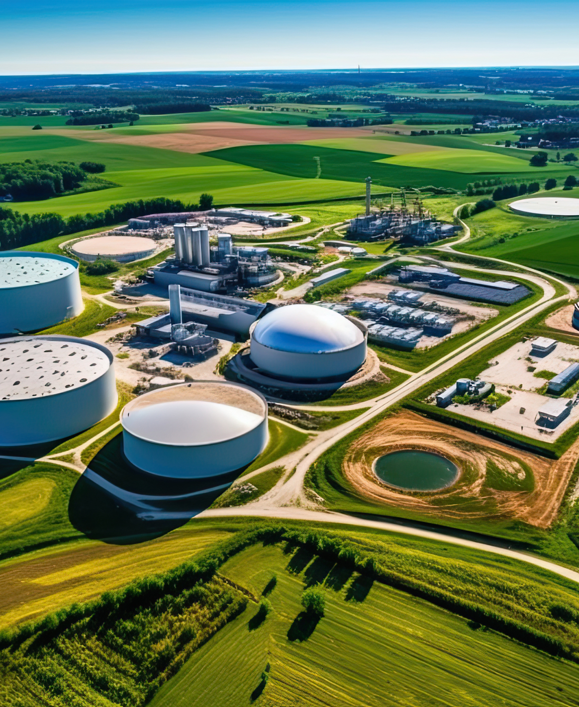 Aerial view of an industrial facility nestled in a sprawling green field