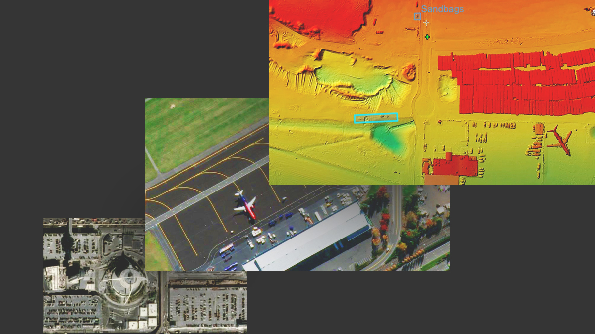 Imagery of an airport with remote sensing data in a color gradient; an airport terminal; and a round building and parking lots