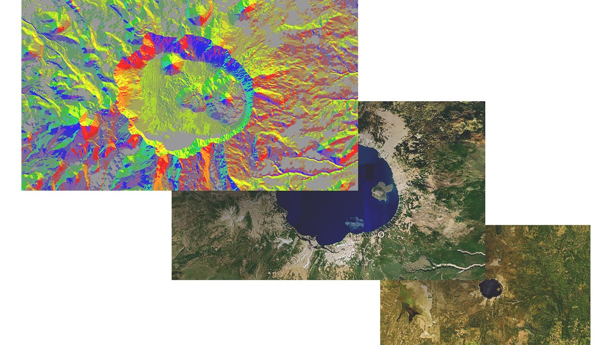 Three panels show a lake from a distance, the same lake close up, and the lake with remote sensing data in red, yellow, and blue