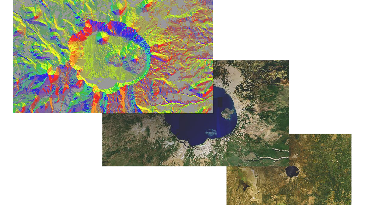 Three panels show a lake from a distance, the same lake close up, and the lake with remote sensing data in red, yellow, and blue