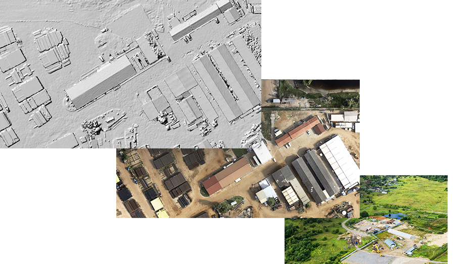 Three panels show an agricultural facility in an off-nadir drone image, a top-down aerial view, and a digital model