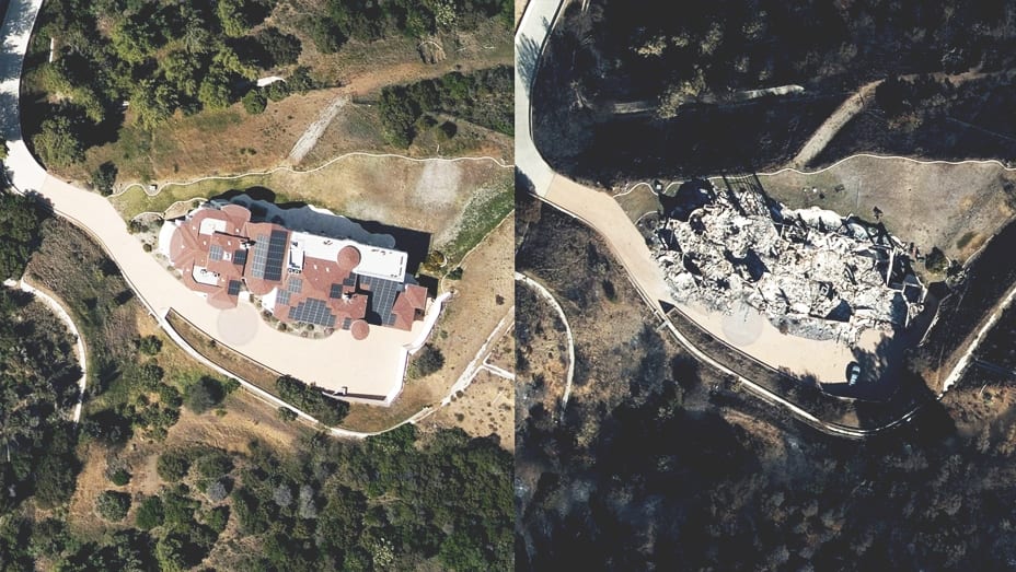 Side-by-side aerial images of a large residential property before and after damage from a storm