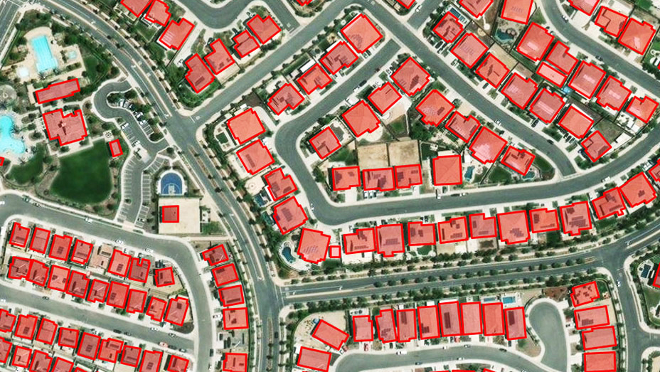 A top-down view of a residential area shows houses identified in red boxes using deep learning for feature extraction