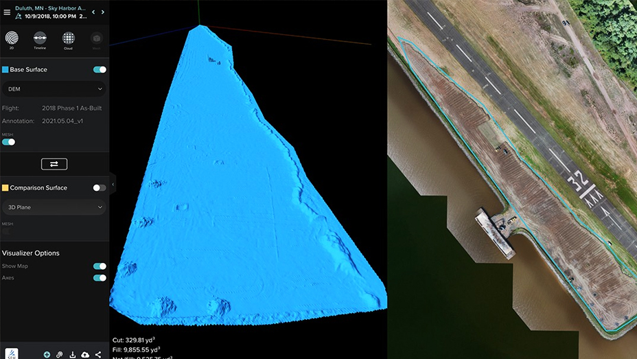 A digital terrain model is viewed side by side next to the same area overlaid with high-resolution drone imagery